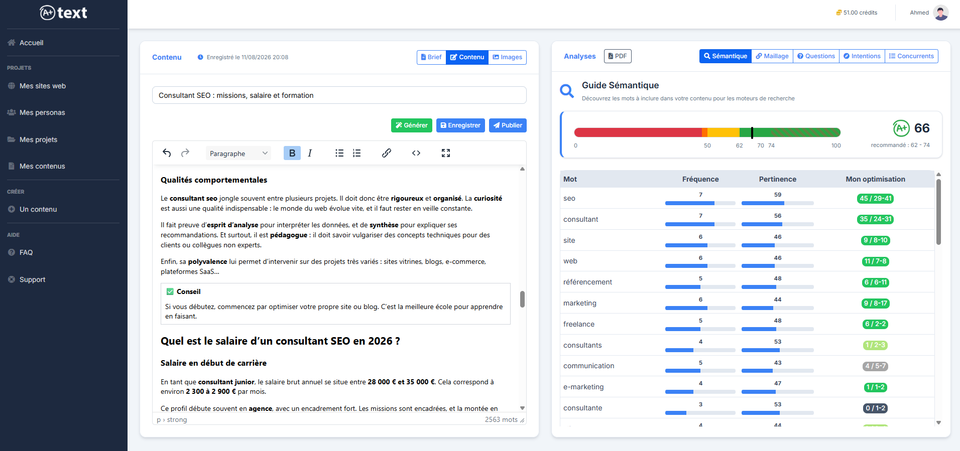 Interface d'A+ text : édition d'un contenu SEO généré