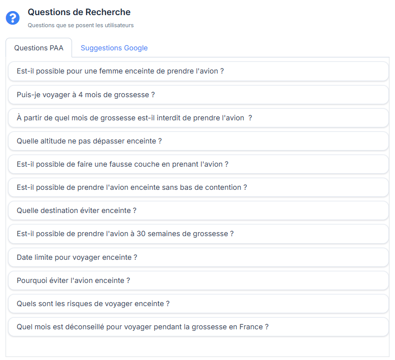 Questions PAA et suggestions Google récupérées par A+ text